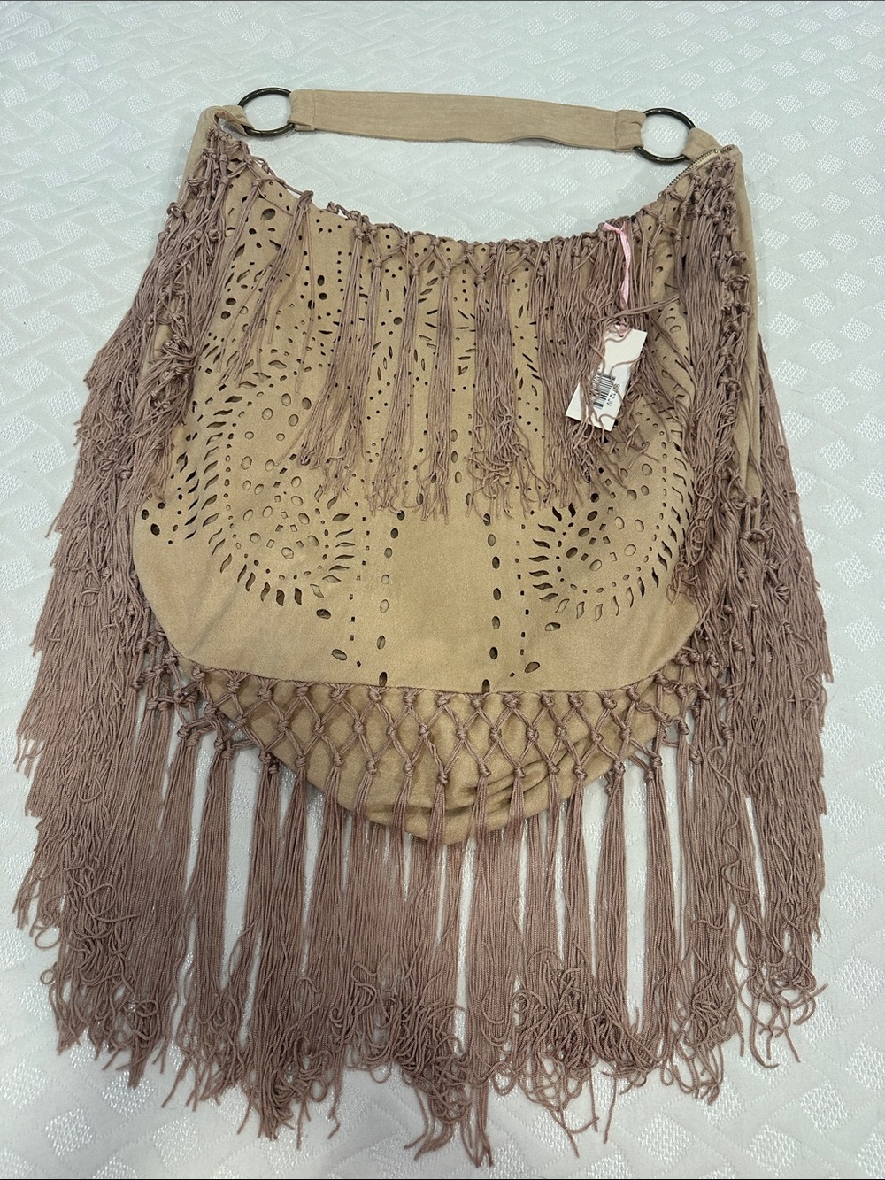 Rare Fringed Boho Shoulder Bag in Beige Tan - Picture 4 of 4